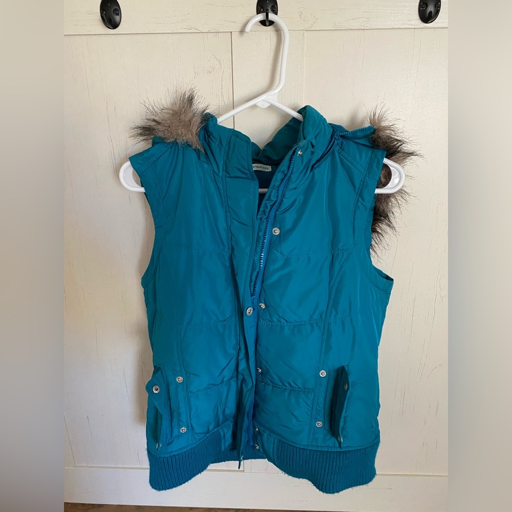 Maurices Teal Vest with Faux Fur Hood Size M